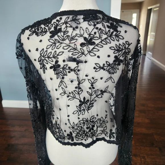 SCALA NWT Vintage Sheer Black Beaded Long Sleeve Evening Jacket / Bolero Sz: L - Picture 3 of 8
